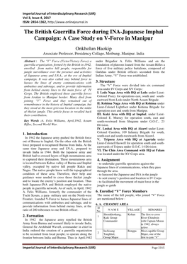 The British Guerrilla Force During INA-Japanese Imphal Campaign: a Case Study on V-Force in Manipur
