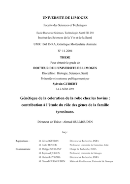 Génétique De La Coloration De La Robe Chez Les Bovins : Contribution À L’Étude Du Rôle Des Gènes De La Famille Tyrosinase