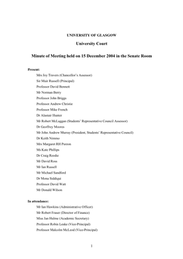 University Court Minute of Meeting Held on 15 December 2004 in The