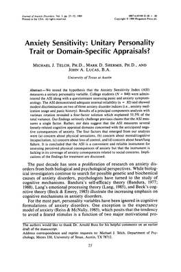 Anxiety Sensitivity: Unitary Personality Trait Or Domain-Specific Appraisals?