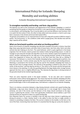 International Policy for Icelandic Sheepdog Mentality and Working Abilities Icelandic Sheepdog International Cooperation (ISIC)