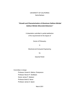 Growth and Characterization of Aluminum Gallium Nitride/ Gallium Nitride Ultraviolet Detectors”