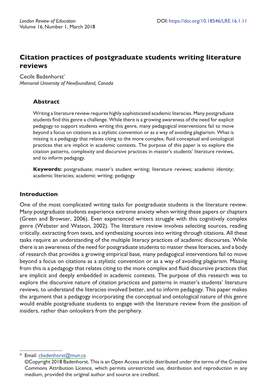 Citation Practices of Postgraduate Students Writing Literature Reviews Cecile Badenhorst* Memorial University of Newfoundland, Canada