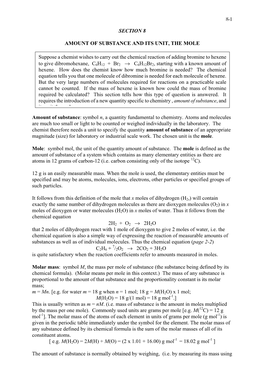 8-1 SECTION 8 AMOUNT of SUBSTANCE and ITS UNIT, the MOLE Amount of Substance: Symbol N, a Quantity Fundamental to Chemistry