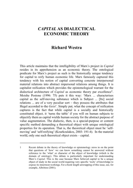 Capital' As Dialectical Economic Theory