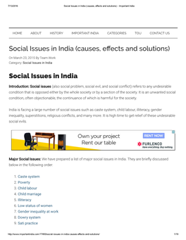 Social Issues in India (Causes, E³ects and Solutions) Social Issues in India