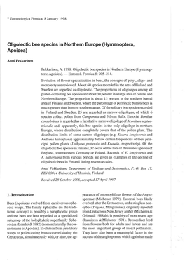 Oligolectic Bee Species in Northern Europe (Hymenoptera, Apoidea)