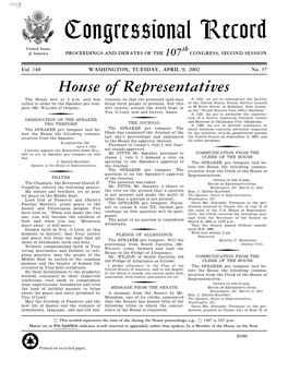 Congressional Record United States Th of America PROCEEDINGS and DEBATES of the 107 CONGRESS, SECOND SESSION