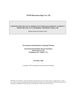 Participation of Local People in Water Management: Evidence from the Mae Sa Watershed, Northern Thailand