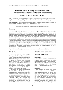 Parasitic Fauna of Spiny Eel Mastacembelus Mastacembelus from Greater Zab River in Iraq