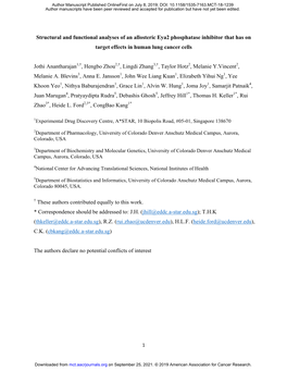 Structural and Functional Analyses of an Allosteric Eya2 Phosphatase Inhibitor That Has on Target Effects in Human Lung Cancer Cells