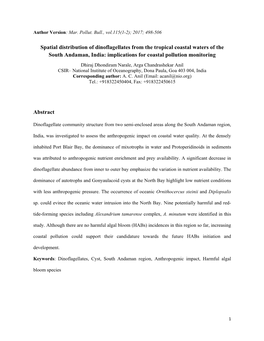 Spatial Distribution of Dinoflagellates from the Tropical Coastal Waters of the South Andaman, India: Implications for Coastal Pollution Monitoring