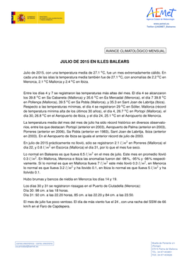 Avance Climatológico Mensual Julio 2015