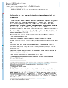 Ikzf2/Helios Is a Key Transcriptional Regulator of Outer Hair Cell Maturation