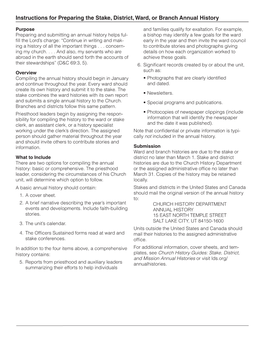 Instructions for Preparing the Stake, District, Ward, Or Branch Annual History Annual Branch Or Ward, District, Stake, the Preparing for Instructions Purpose