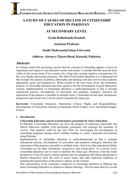 A Study of Causes of Decline in Citizenship Education in Pakistan at Secondary Level