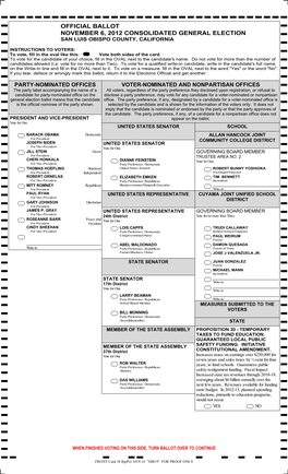 Official Ballot November 6, 2012 Consolidated General Election San Luis Obispo County, California