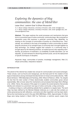 Exploring the Dynamics of Blog Communities: the Case of Metafilter Leiser Silva*, Lakshmi Goel† & Elham Mousavidin‡ *C