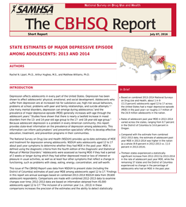 State Estimates of Major Depressive Episode Among Adolescents: 2013 and 2014 National Survey on Drug Use and Health