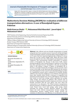 Multicriteria Decision Making Scientific Platform (MCDM) for Evaluation of Different Transportation Alternatives: a Case of Rawalpindi Bypass Pakistan