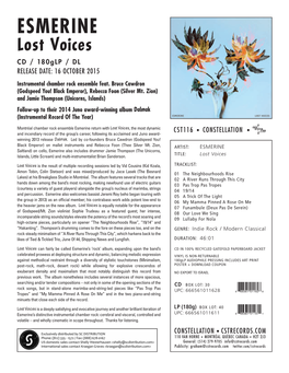 ESMERINE Lost Voices CD / 180Glp / DL RELEASE DATE: 16 OCTOBER 2015