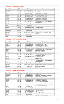 List of 2014 China Public Ho 014 China Public Holidays Lic Holidays