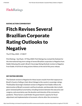 Fitch Revises Several Brazilian Corporate Rating Outlooks to Negative