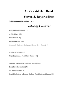 An Orchid Handbook Steven J. Royer, Editor Table of Contents