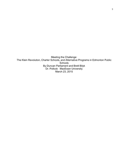 Meeting the Challenge: the Klein Revolution, Charter Schools, and Alternative Programs in Edmonton Public Schools by Duncan Parliament and Brett Bilyk Dr