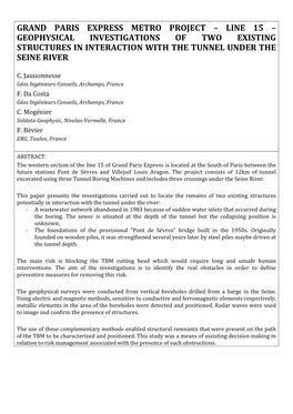 Grand Paris Express Metro Project – Line 15 – Geophysical Investigations of Two Existing Structures in Interaction with the Tunnel Under the Seine River