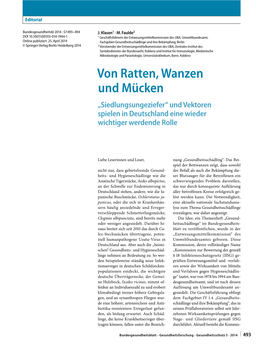 Von Ratten, Wanzen Und Mücken „Siedlungsungeziefer“ Und Vektoren Spielen in Deutschland Eine Wieder Wichtiger Werdende Rolle