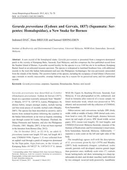 Gerarda Prevostiana (Eydoux and Gervais, 1837) (Squamata: Ser- Pentes: Homalopsidae), a New Snake for Borneo