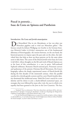 Pascal in Potentia… Isaac Da Costa on Spinoza and Pantheism