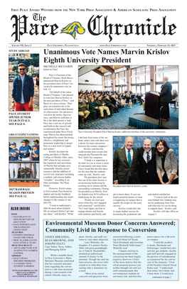 Unanimous Vote Names Marvin Krislov Eighth University President MICHELLE RICCIARDI Editor in Chief