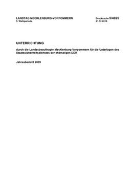 UNTERRICHTUNG Durch Die Landesbeauftragte Mecklenburg-Vorpommern Für Die Unterlagen Des Staatssicherheitsdienstes Der Ehemaligen DDR