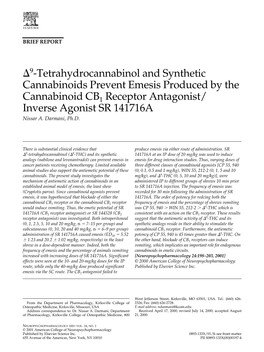 Cannabinoids Prevent Emesis Produced by the Cannabinoid CB1 Receptor Antagonist/ Inverse Agonist SR 141716A Nissar A