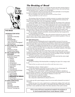 The Breaking of Bread Immediately After the Sign of Peace Is Exchanged, the Priest and Other Ministers Begin to Break the Eucharistic Bread