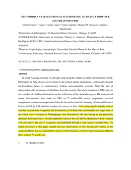 XRF OBSIDIAN ANALYSIS from AYACUCHO BASIN, HUAMANGA PROVINCE, SOUTHEASTERN PERU Martín Giesso1+, Hugo G