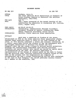 The Inter American Press Association As Champion of Press Freedom: Reality Or Rhetoric? the Bolivian Experience, 1952-1973