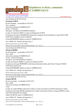 Sépultures Et Décès, Commune D'ambrugeat