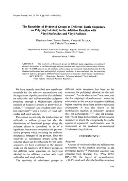 The Reactivity of Hydroxyl Groups at Different Tactic Sequences on Poly( Vinyl Alcohol) in the Addition Reaction with Vinyl Sulfoxides and Vinyl Sulfones