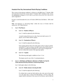 Standard One Day International Match Playing Conditions