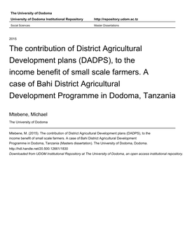The Contribution of District Agricultural Development Plans (DADPS), to the Income Benefit of Small Scale Farmers