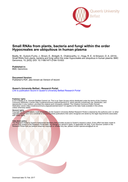 Small Rnas from Plants, Bacteria and Fungi Within the Order Hypocreales Are Ubiquitous in Human Plasma