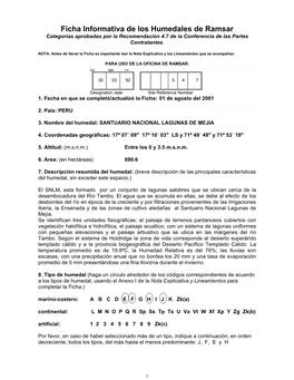 Ficha Informativa De Los Humedales De Ramsar Categorías Aprobadas Por La Recomendación 4.7 De La Conferencia De Las Partes Contratantes