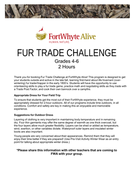 FUR TRADE CHALLENGE Grades 4-6 2 Hours