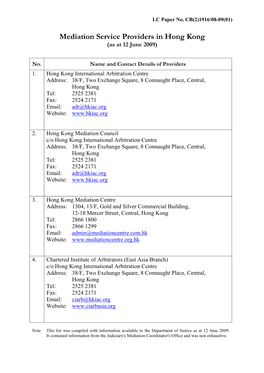 Mediation Service Providers in Hong Kong (As at 12 June 2009)