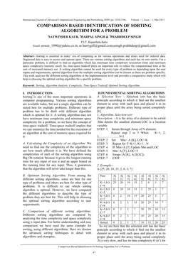 Comparison Based Identification of Sorting Algorithm for a Problem 1Satwinder Kaur, 2Harpal Singh & 3Prabhdeep Singh P.I.T