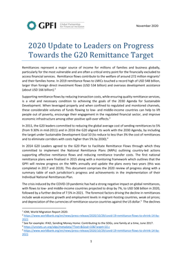 2020 Update to Leaders on Progress Towards the G20 Remittance Target