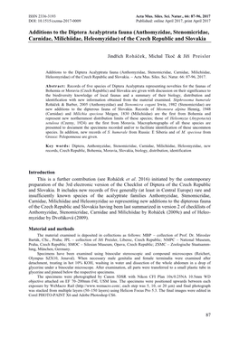 Anthomyzidae, Stenomicridae, Carnidae, Milichiidae, Heleomyzidae) of the Czech Republic and Slovakia